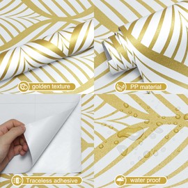 Amiya Gold and White Peel and Stick Wallpaper Modern Boho Removable Vinyl Contact Paper Leaf Self Adhesive Bathroom Wallpaper for Cabinets 17.5" x 236" Renter Friendly