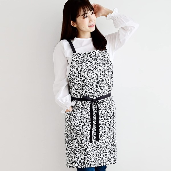 Lep BK 540770-MAIL Women's Nordic Apron with 2 Pockets, Floral Print, Stylish, Length 28.7 inches (73 cm), Black Barrette, Black, Gift