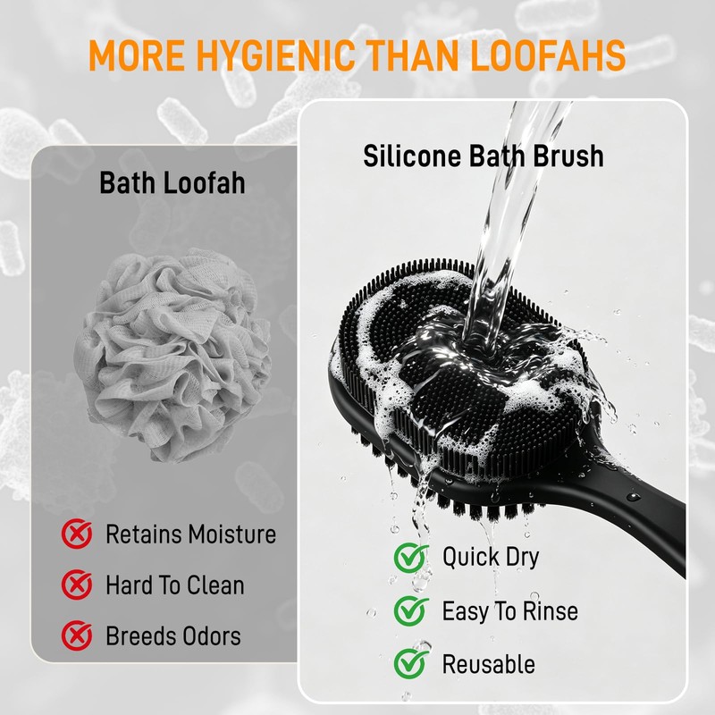 Silicone Back Scrubber for Shower, 17-Inch Long Handle Body Bath