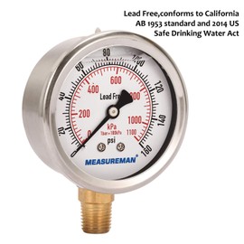 MEASUREMAN Lead-Free Pressure Gauge, 2-1/2" Dial Size, Glycerin Filled, 0-160psi/kpa, Stainless Steel Case, 1/4" NPT Lower Mount