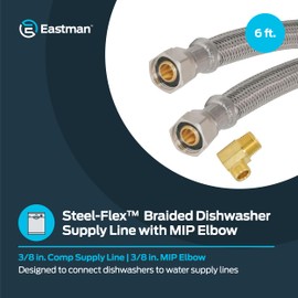 Eastman Dishwasher Installation Kit, 6 Foot Braided Stainless Steel Supply Line, 3/8 Inch x 3/8 Inch Compression with Elbow, 48365