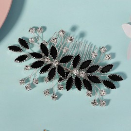 YUEKISEN Flower Rhinestone Wedding Hair Comb Handmade Rhinestone Hair Piece Bridal Black Crystal Hair Comb Black Headpiece Side Comb Hair Accessories for Women (Black)