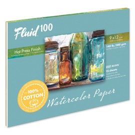 Fluid 100 Artist Watercolor Block, 140 lb (300 GSM) 100% Cotton Hot Press Pad for Watercolor Painting and Wet Media w/Easy Block Binding, 9 x 1 inches, 15 Sheets