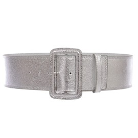 Women's 3" Wide High Waist Fashion Stitch Rectangular Leather Belt, Silver | S/M - 32"