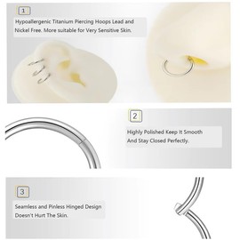 PIERCINGFUN Women Men G23 Titanium Hinged Piercing Nose Rings Hoop 20G 9mm for Nostril Septum Cartilage Helix Daith Tragus Rook Conch Lip Ear Lobe Belly Eyebrow Piercings, 0.8*9mm, Titanium, no