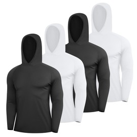 HovSiyla 4 Pack Mens Thermal Hooded Long Sleeve Compression Shirts Fleece Lined Fishing Tops Workout Gym Casual Base Layer 2 Black 2 White Large