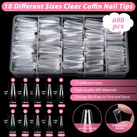 600PCS Clear Coffin Nail Tips Set Qinzave Clear Acrylic Nail Tips with Nail Glue Coffin Nails Full Cover with Nail Display Stand, Cuticle Nail Pusher Remover, Nail Files Buffer