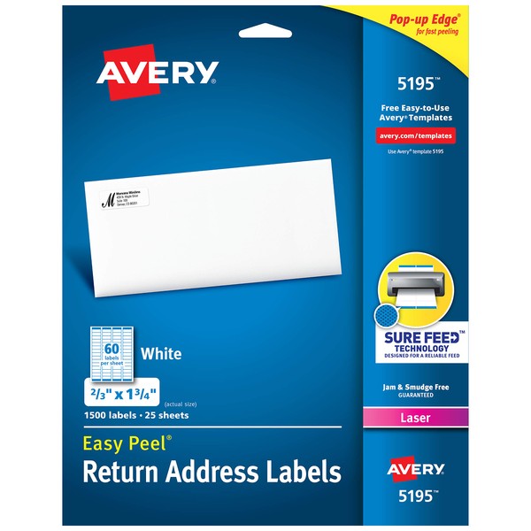 Avery Return Address Labels, Laser Printers, 1,500 Labels, 2/3 x