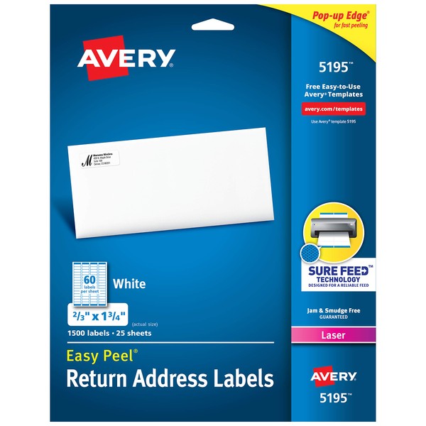 Avery Return Address Labels, Laser Printers, 1,500 Labels, 2/3 x 1-3/4, Permanent Adhesive (5195)