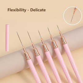 5pcs Nail Art Brushes Liner Striping Brush, Super Fine Nail Art Long Striper Pen Set for Thin Lines, Tiny Details, Fine Drawing, Delicate Coloring, Elongated Lines, Nail Brushes for Nail Art (Pink, One size)