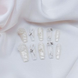 CAPTAIN CAT Handmade Press on Nails White Wedding 3D Flower Design Coffin length 1.22in Reusable Fake Nails for Women 20pcs (White(coffin), M)