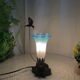 Bieye LL04 Hummingbird Flying Over Lily Flower Blown Glass Table Lamp for Home Decor (White Blue, 4.25Wx12H)