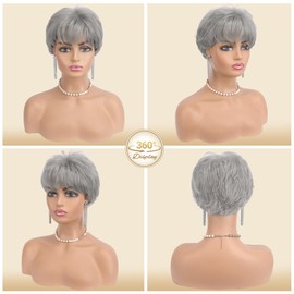 Haloo Grey Short Wigs for Women Gray Old Lady Granny Curly Fluffy Natural Layered Haircut Synthetic Heat Resistant Hair Wig for Party Daily