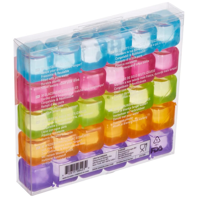 Kikkerland Reusable Ice Cubes, Set of 30, Blue/Pink/Green/Orange/Purple, 16.3 x