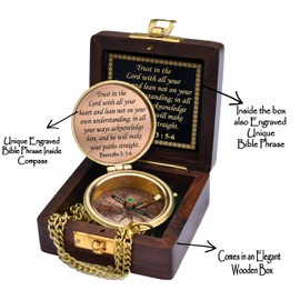 Trust in The Lord with All Your Heart -Proverbs 3: 5-6 Quote Engraved Compass with Wooden Box,Camping Compass, Gift Compass, Graduation Day Gifts 2024 Compass for Women Mens Boy Girls