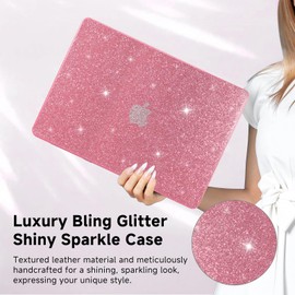 Funut Glitter Case for MacBook Air 13 Inch 2022 2021 2018 Release M1 A2337 A2179 A1932, MacBook Air M1 Case, Women Girls Shiny Sparkle Bling PU Leather Hard Shell Case & Keyboard Cover, Pink