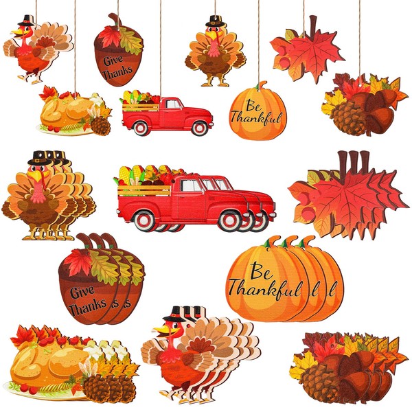 24 Pieces Fall Thanksgiving Wooden Ornaments Decorations Thanksgiving Fall Mix Colorful Cutouts Turkey Acorn Maple Leaves Ornament for Thanksgiving Party Hanging Ceiling Decoration (8 Styles)