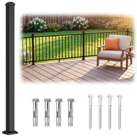 Guwezoy 39in x 2in x 2in Aluminum Deck & Stair Post, AAMA 2604 Textured Black Porch Railing Post, Universal Porch Post for 36in Decking Railings System for Outdoor Steps, Decks, Garden (1 Post)
