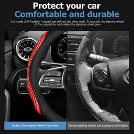 Osilly 15 Inch Car Leather Steering Wheel Cover, Automotive Accessories Elastic Breathable Anti-Slip Soft Wheel Protector Fits Men and Women, Suitable for SUVs, Trucks, Vehicles and RVs (Black/Red)