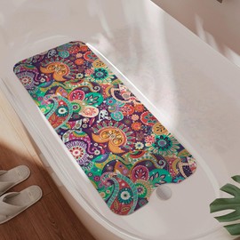 Non Slip Bathtub Mat, Bohemian Flower Bath Mat for Tub, Extra Long Bathtub Mat Shower Mat with Suction Cups and Drain Holes for Elderly Kids Toddler Baby 40 X 16 Inch