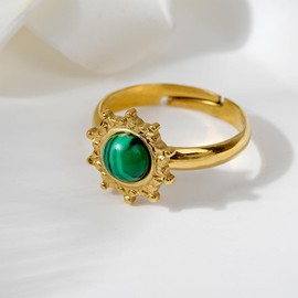 TaYolnFaSo Round Natural Stone Sun Ring for Female 18K Gold Adjustable Rose Quartz/Blue Turquoise/Malachite Ring Sun Jewelry Birthday Gift for Women, Gemstone, Malachite