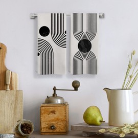Qeheb Abstract Boho Black and White Kitchen Towels Set of 3, Mid Century Modern Boho Sun Arch Decorative Dish Tea Towels, Minimalist Contemporary Hand Towels for Bathroom Decor, 16X24In