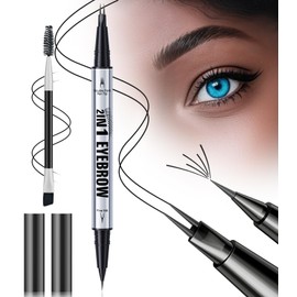 Microblading Eyebrow Pen, Eyebrow Pencil Brown Hair Like Natural Liquid Brow Contouring Pen, 2-in-1 Dual-Ended Long Lasting Eye Brow Filler Pencil with Precise 2 Micro-Fork-Tip (Black)