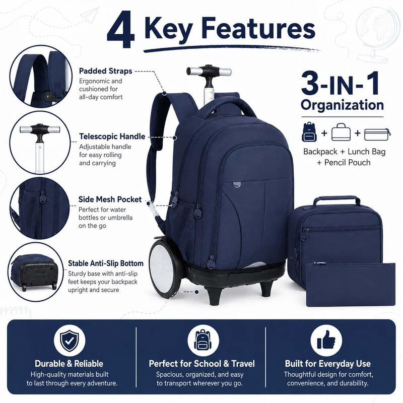 AGSDON Quiet Glide Rolling Backpack with Lunch Box Set -