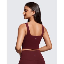 CRZ YOGA Butterluxe Womens Square Neck Longline Sports Bra - Workout Crop Tank Tops Padded with Built in Shelf Yoga Bra Red Merlot XX-Small
