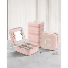 Vlando Bridesmaid Gifts for Wedding Day, Bridesmaid Gifts for Women, Bridesmaid Proposal Gifts Unique Gifts, Wedding Travel Essentials Small Jewelry Box, Travel Jewelry Case - Letter H, Pink