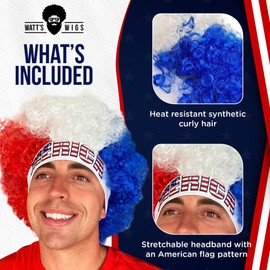 Watt's Wigs - USA Costume Wig - Curly Hair, Red, White, and Blue Olympics 4th of July America Headband - Fits Kids and Adults (MERICA)