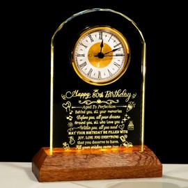 Arikyrist Happy 80th Birthday Crystal Clock Gifts for Men Women, 80 Years Old Birthday Presents for Parents Mom Dad, 80th Quartz Clock Birthday Gifts with Wooden LED Light Base for Couples