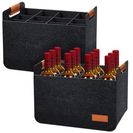 Peryiter 2 Pcs 12 Bottles Wine Carrier Tote 14.6 x 12.6 x 10.6 Inch Insulated Thermal Padded Wine Tote Bag Reusable Glasses Liquor Bottle Storage Collapsible Ratafia Travel Case for Party (Grey)