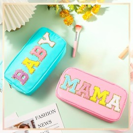 2 Bolsas de Cosméticos de Nailon Neceser de Maquillaje con Letras de Chenilla de Baby y Mama Neceser de Viaje con Cremallera con Parche Cosmético de P