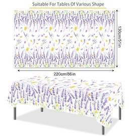 PHOGARY 2PCS Floral Tablecloth Spring Tablecloth for Lavender Party Decorations, Lavender Table Cloth Disposable Plastic Rectangle Butterfly Table Cover For Birthday Baby Shower Wedding Easter 51"X86"
