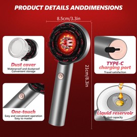 Scalp Massaging Brush and Hair Oil Applicator, Electric Scalp Massager for Hair Growth, Red Light Therapy Cordless Head Massage Comb, IPX7 Waterproof, 3 Massage Modes & 6ML Oil Dispenser, Gray