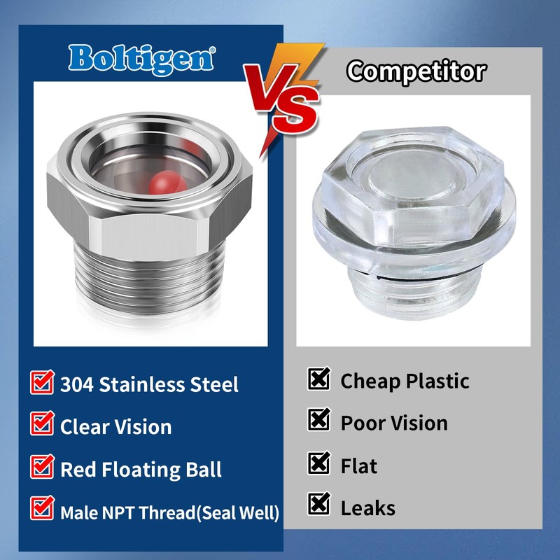 Boltigen Stainless Steel Oil Sight Glass with Float Ball, 3/4''