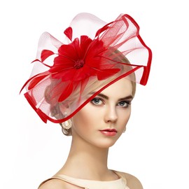 Zinniday Women Fascinators Hat Headband - Red Victorian 2025 Feather Tea Party Hats with Hair Clip, Flower Kentucky Hats 20s 50s Mesh Derby Fascinator for Women Cocktail Church Ball Costume Headwear