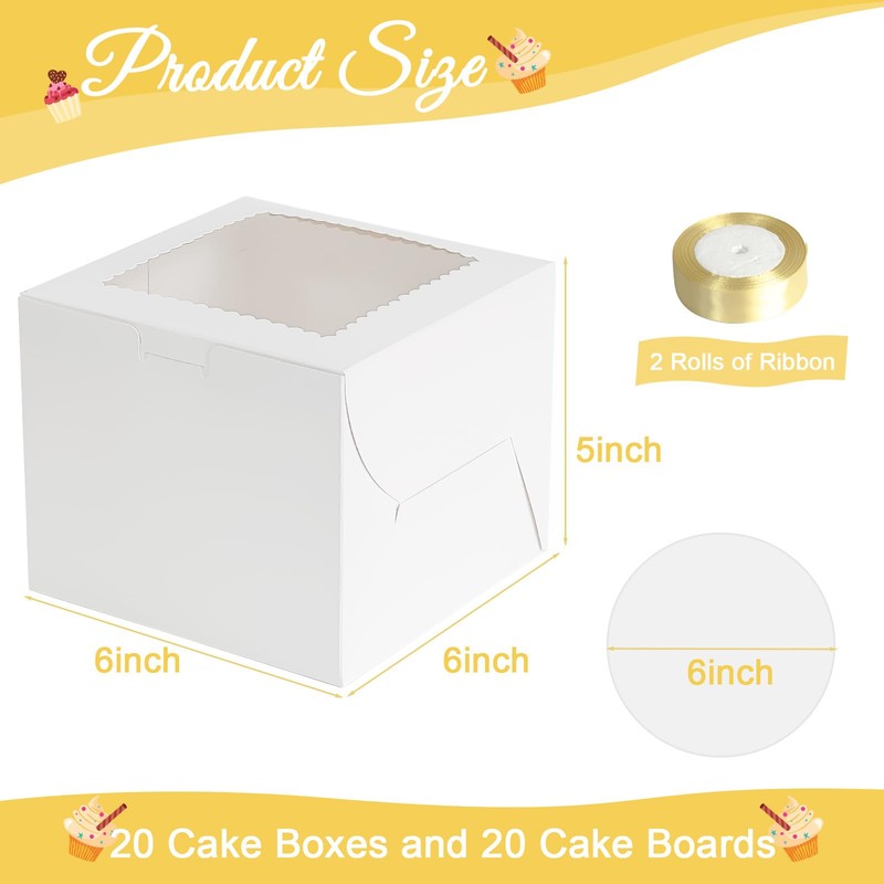 Retainbre 40pcs 6x6x5 Inch Mini Cake Boxes with Cake Boards