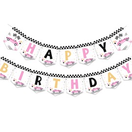 Sursurprise Race Car Birthday Decorations for Girls, Race Car Happy Birthday Banner Pink, Let's Go Racing Birthday Party Supplies