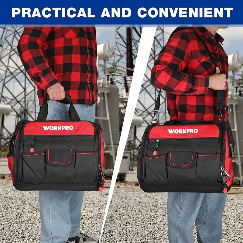 WORKPRO 16" Wide Mouth Tool Bag with Water Proof Rubber