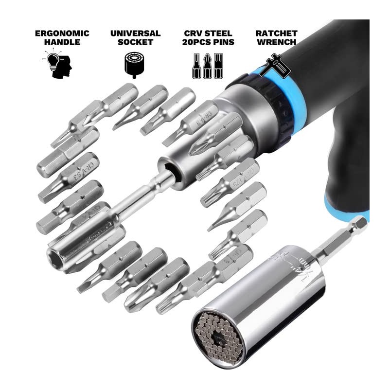 MANWALD Universal Socket Tool Set, Ratcheting T-Handle Screwdriver Set with