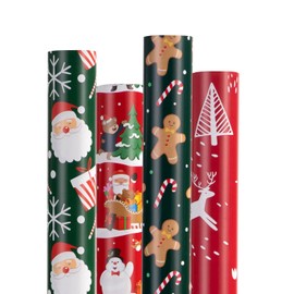 Christmas Wrapping Paper for Gifts (4 Rolls: 93 sq. ft. ttl) Funny Candy Cane Santas, Reindeer, Christmas Tree, Snowflakes - 17 inches x 16.5 feet Per Roll