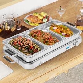 Giantex Buffet Server & Electric Food Warmer, 2-in-1 Food Warming Tray, Adjustable Temperature, 3 Food Pans with Lids, Dishwasher Safe, 8 QT Stainless Steel Chafing Dishes for Parties Holiday Events