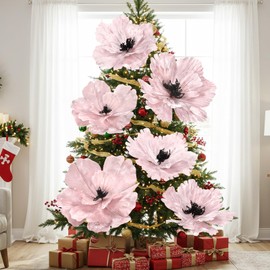 Janinka 6 Pcs Extra Large Christmas Flowers 22'' 12'' Magnolia Artificial Flowers Large Giant Xmas Artificial Poinsettia Stems Christmas Tree Decoration for Xmas Tree Wreath Garland Holiday(Pink)