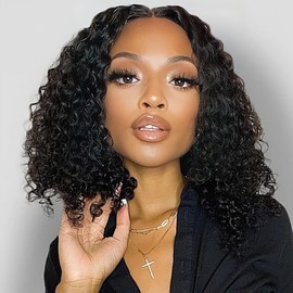 Gaishi Deep Wave Lace Front Wigs Human Hair Curly Lace Frontal Wig (Natural Black, 16 Inch)