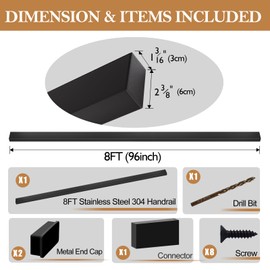 Gyykzz 8FT Stainless Steel 304 Handrail Black, Rectangular Handrail Flat Top Rail with SS304 End Cap and POM Connecting Blocks for Indoor Outdoor Deck Stair Cable Railing System DIY Balustrade