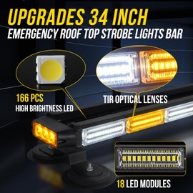 LRTER 34inch 166 LED Emergency Rooftop Strobe Lights Bar Flashing Safety Traffic Advisor Warning Hazard Snow Plow Light W/Magnet Base for Work Trucks Vehicles Construction Tow Pickup Amber White