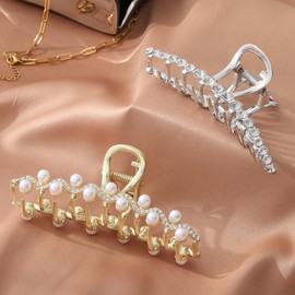 Metal Hair Clips Large Hair Clips Women's Rhinestone Hair Clip Gold and Silver Large Glitter Hair Clips Metal for Women and Girls Hair Accessory for Thick Hair (Pack of 2)