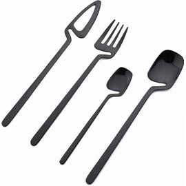 4-Piece 304 Stainless Steel Flatware SetSet,Stainless Steel Cutlery Set For Home Hotel Restaurant, Knife And Spoons And Forks Set, Cutlery Set Mirror Polished, Hanging Cup & Smooth Edge (Black)